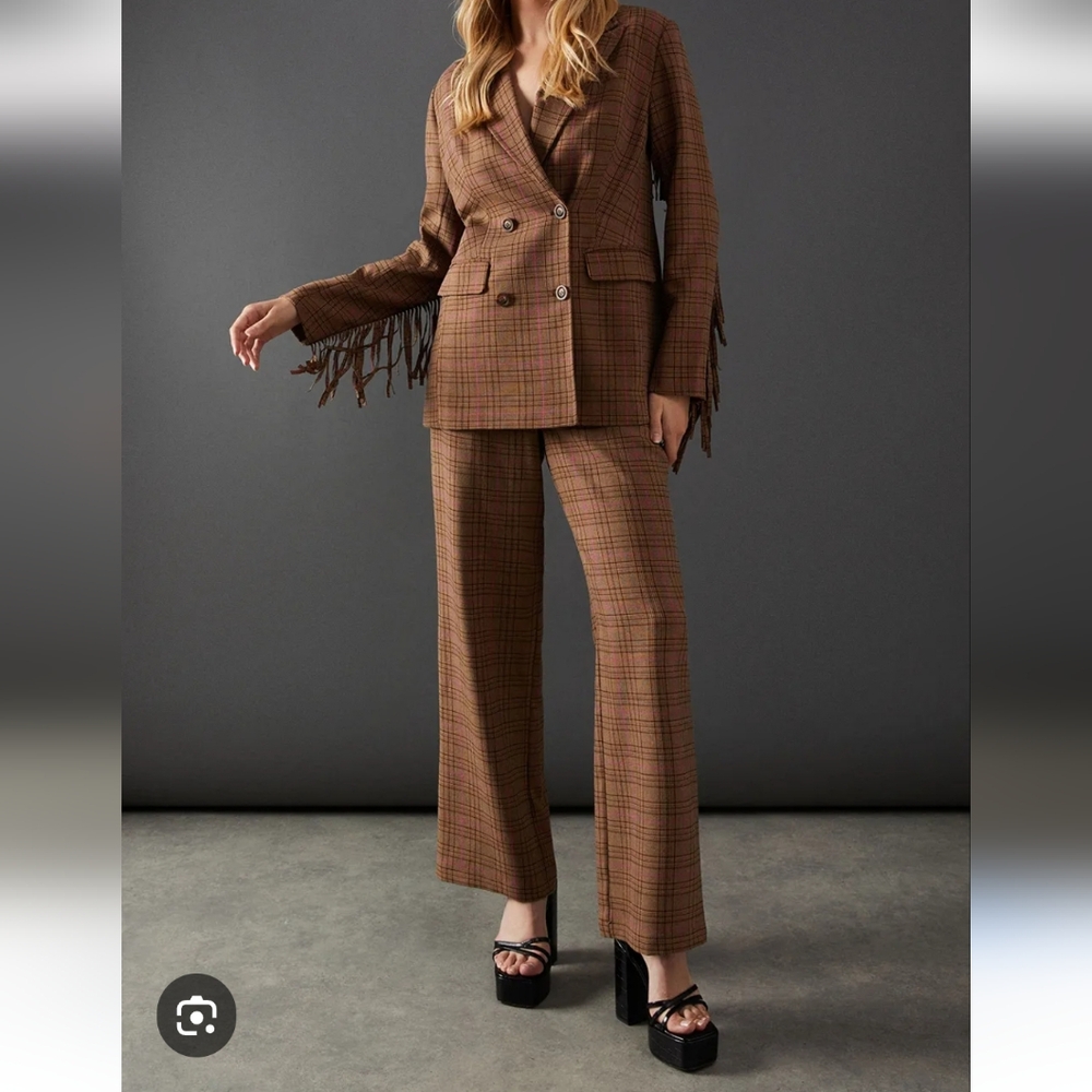 NWT  Warehouse Premium Whide Leg Heritage Brown Plaid Trousers, Size 4